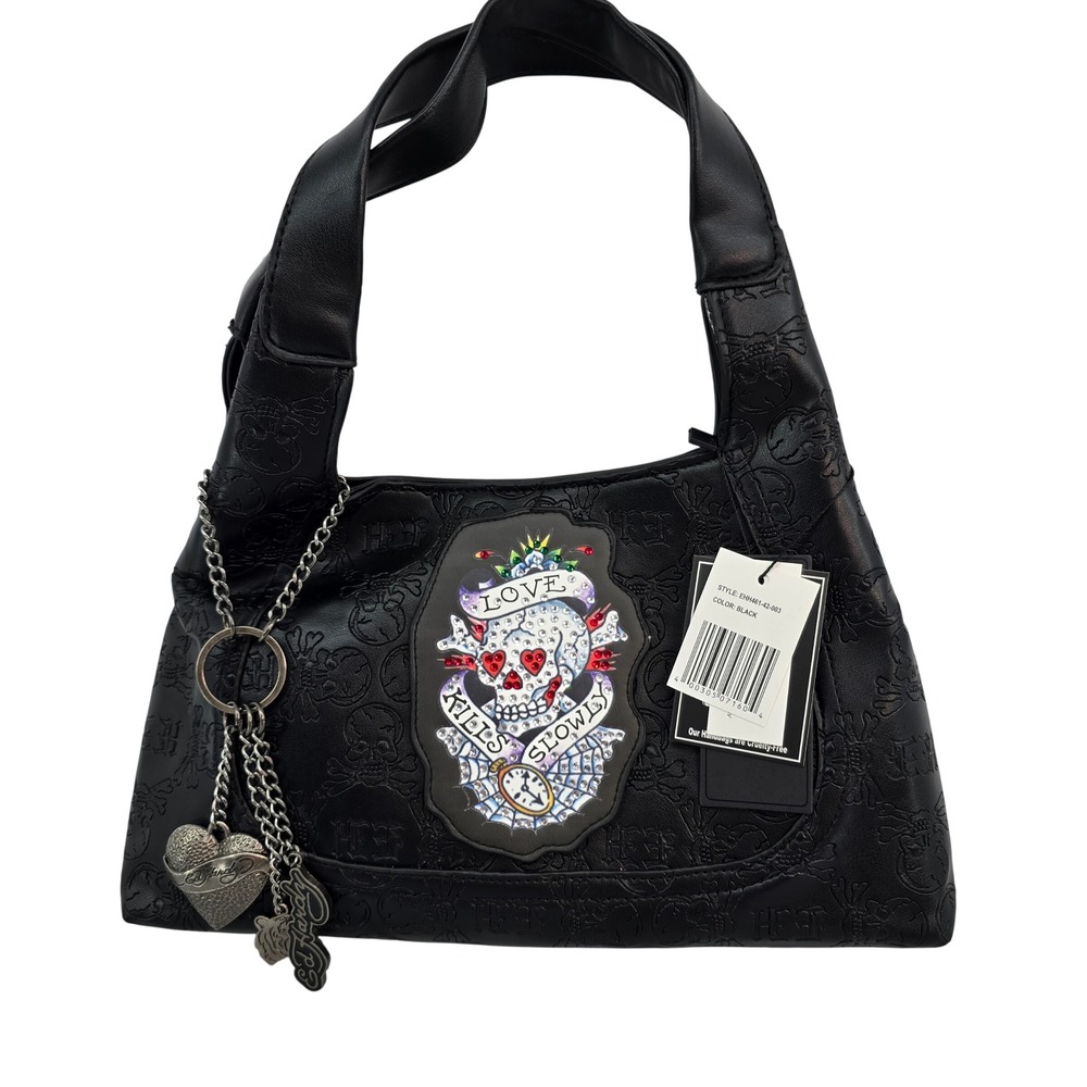 Ed Hardy Love Kills Slowly Black Vegan Leather Small Satchel Bag EHH461-42-003